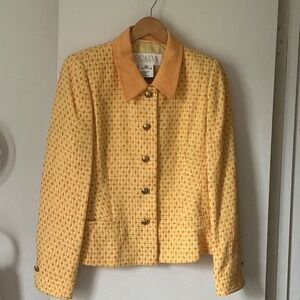 Escada Yellow Tweed Jacket with Tan Collar and Gold Buttons
